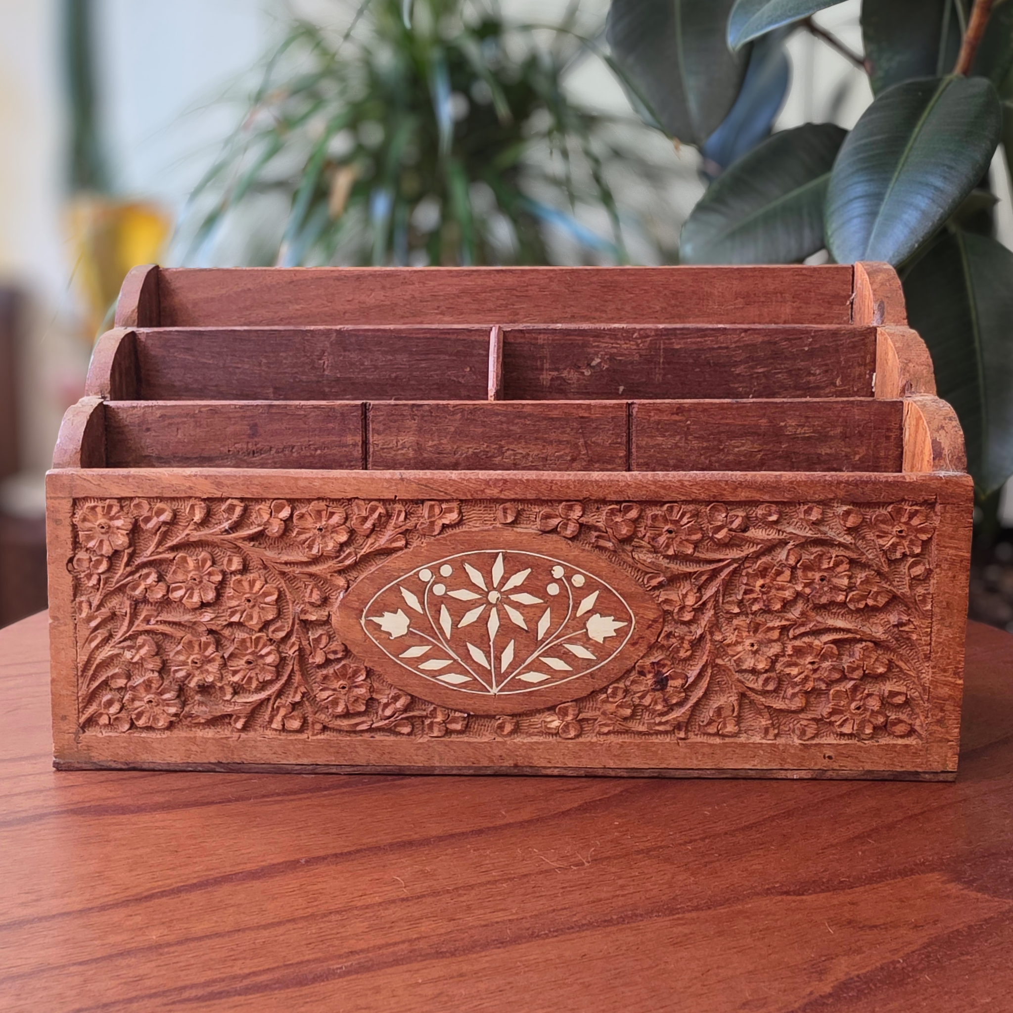 1970s Carved Wood Inlay Holder Caddies