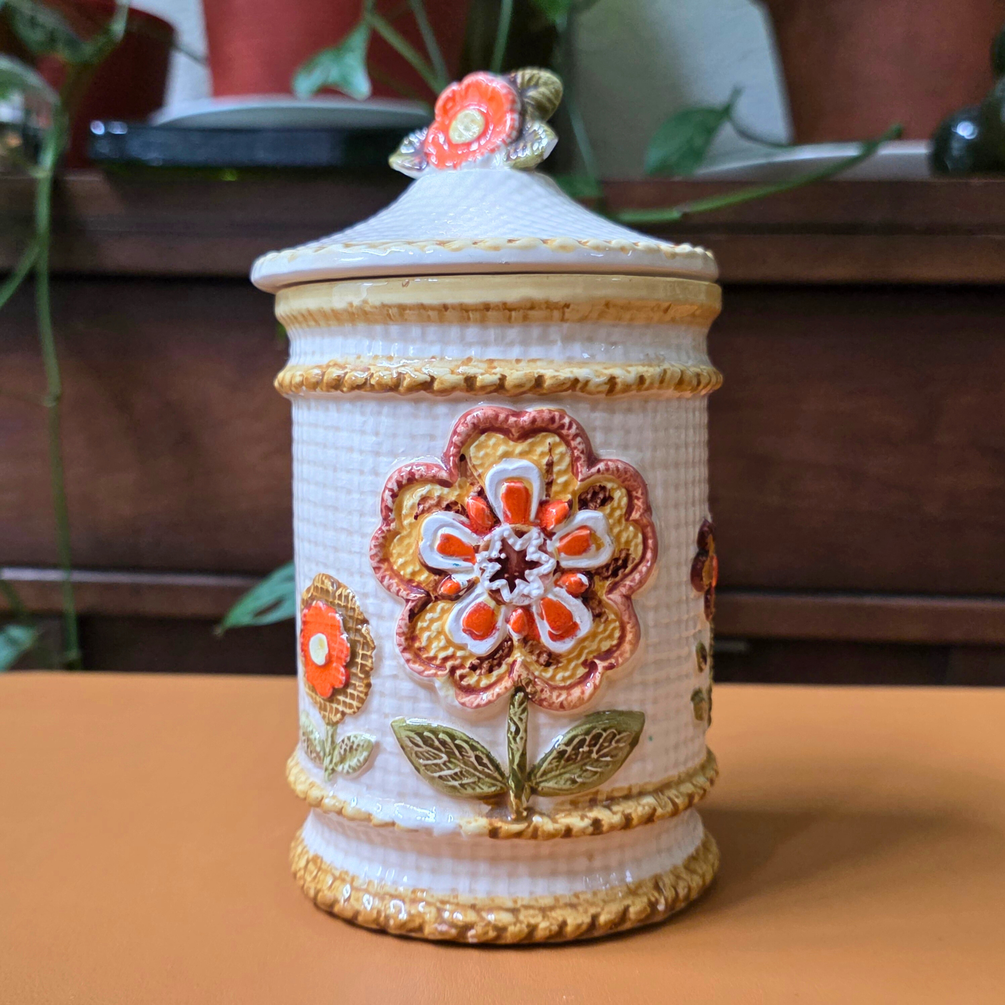1970s Sears "Needlepoint Design" Ceramic Canister